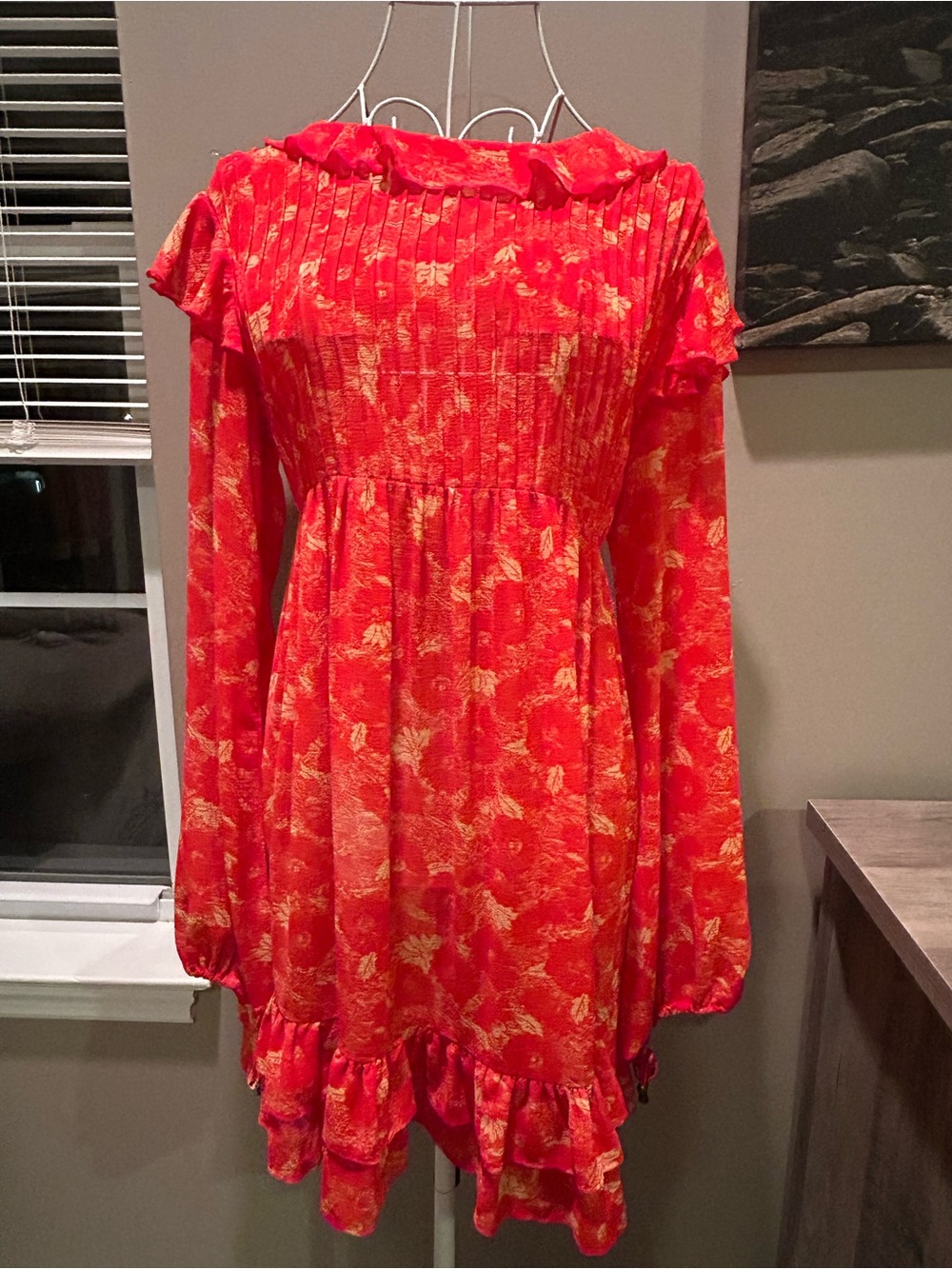 Free People These Dreams Burnt Orange Floral Long-Sleeve Ruffle Casual Dress